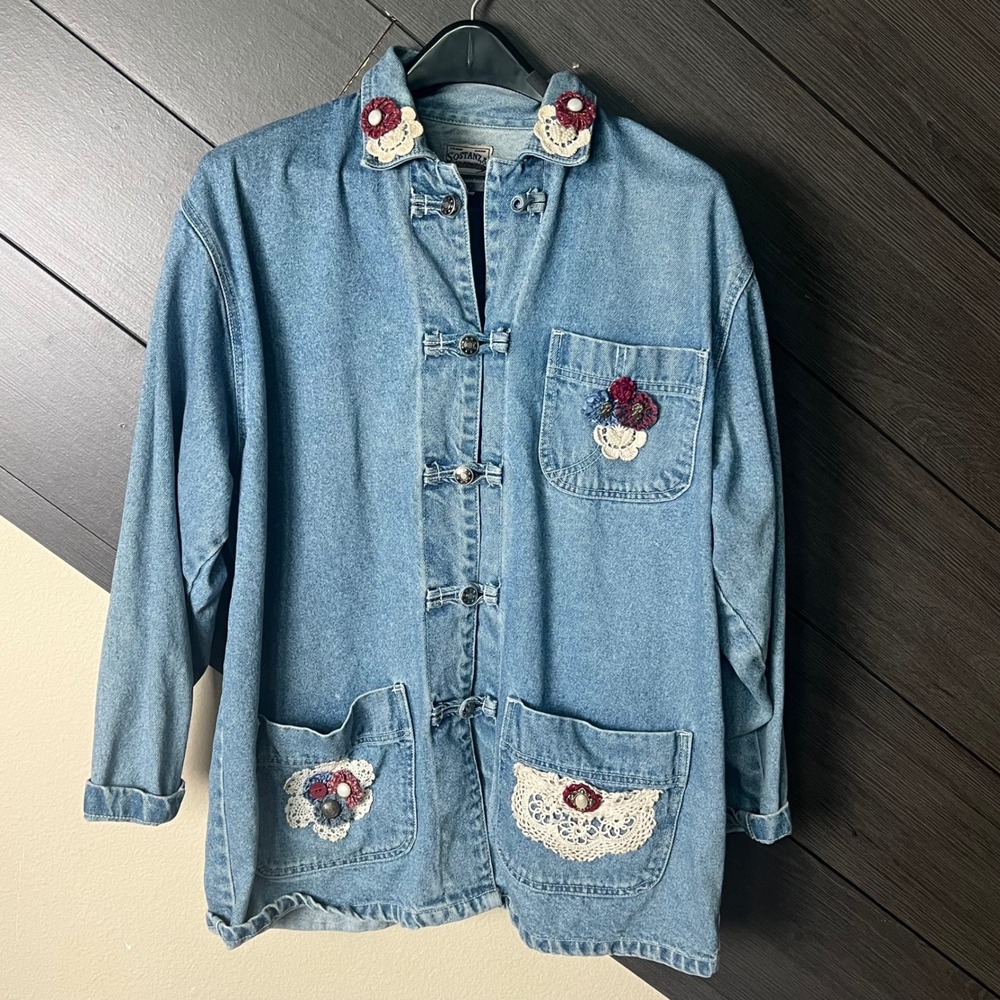 Sostanza Workwear Vintage Oversized Denim Jacket Crochet Floral Applique M